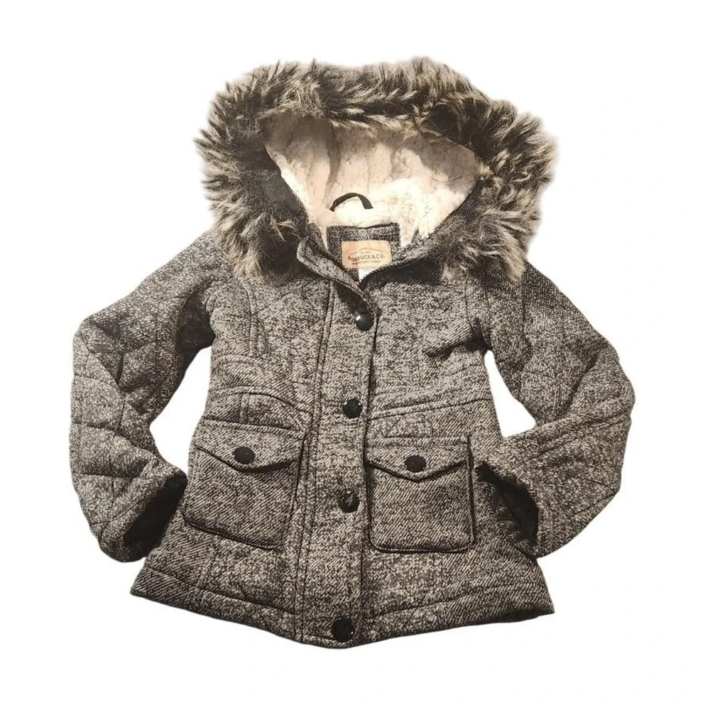Roebuck & Co Jacket Kids Size 4 Gray Quilted Faux Fur Hood‎ Sherpa Lined Winter
